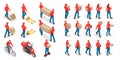 Isometric big set of delivery man and woman in uniform holding boxes and documents in different poses. Collection