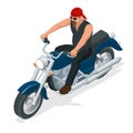 Isometric biker on a motorcycle on the road. The concept of freedom and travel.