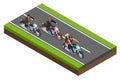 Isometric bikers on a motorcycle on the road. The concept of freedom and travel.