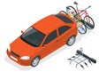 Isometric Bikes Loaded on the Back of a Van. Car and Bicycles. Flat style vector illustration isolated on white Royalty Free Stock Photo