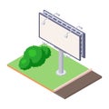 Isometric billboard on green ground near road for outdoor advertising.