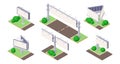 Isometric billboard on green ground near road for outdoor advertising set.