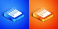 Isometric Binary code icon isolated on blue and orange background. Square button. Vector