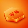 Isometric Binoculars icon isolated on orange background. Find software sign. Spy equipment symbol. Orange hexagon button