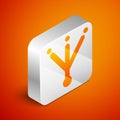 Isometric Bird footprint icon isolated on orange background. Animal foot. Silver square button. Vector