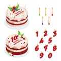 Isometric Birthday cake with candles. Baked festive cake and anniversary candles, tasty cake desert for Birthday celebration 3d