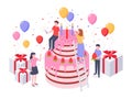 Isometric birthday cake. Party confetti, cakes present and birthdays surprise baking gift vector illustration