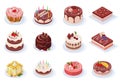 Isometric birthday event tasty strawberry, vanilla, chocolate cakes. Delicious 3d frosted party cakes vector