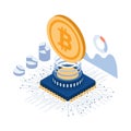 Isometric Bitcoin Over The Computer Chip and Circuit Board
