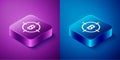 Isometric Bitcoin in the target icon isolated on blue and purple background. Investment target icon. Square button Royalty Free Stock Photo