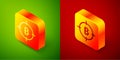 Isometric Bitcoin in the target icon isolated on green and red background. Investment target icon. Square button. Vector Royalty Free Stock Photo