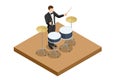 Isometric Black Drum Kit with drum sticks isolated on white background. Male drummer