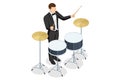 Isometric Black Drum Kit with drum sticks isolated on white background