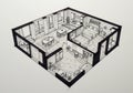 Isometric black and white drawing of a three-room apartment layout. Includes a Royalty Free Stock Photo