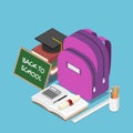 Isometric blackboard with text back to school and a backpack