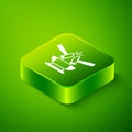 Isometric Blacksmith anvil tool and hammer icon isolated on green background. Metal forging. Forge tool. Green square