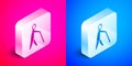 Isometric Blind human holding stick icon isolated on pink and blue background. Disabled human with blindness. Silver