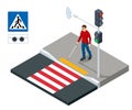 Isometric blind man crossing street at crosswalk. Urban city crosswalk of disabilities