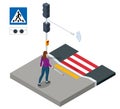 Isometric blind woman crossing street at crosswalk. Urban city crosswalk of disabilities