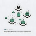 Isometric blockchain network with interconnected nodes and transaction confirmation symbols Royalty Free Stock Photo