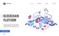 Isometric blockchain platform technology vector illustration, modern concept banner, website design with cartoon 3d tech