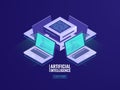 Isometric blockchain technology icon, server room concept with laptop and program code on screen, datacenter and