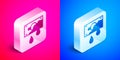 Isometric Bloody money icon isolated on pink and blue background. Silver square button. Vector