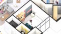 Isometric Blow up of an apartment interior showing bedroom family space toys and pets