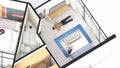 Isometric Blow up of an apartment interior showing bedroom toilet and a man working out