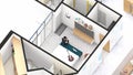 Isometric Blow up of an apartment interior showing bedroom with toys and pets