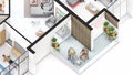 Isometric Blow up of an apartment interior showing family spaces and green terrace