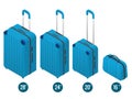 Isometric blue business and family vacation travel luggage bag, handbag baggage modern. Set of suitcases and backpacks