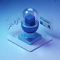 Isometric blue cube inside transparent sphere with digital charts on screens data security Royalty Free Stock Photo