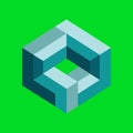 Isometric blue geometric cube structure with optical illusion effect on green metaphase background Royalty Free Stock Photo