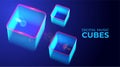 Isometric blue glowing neon cubes. Gaming, music, technology, big data, block chain background with glowing mesh square