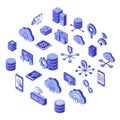 Isometric blue technology icons representing cloud computing data storage and networking Royalty Free Stock Photo
