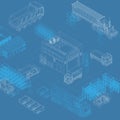 Isometric blueprint of storage and trucks