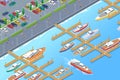 Isometric Boats Yachts on Pier Berth near embankment with Cars on Parking Flat Vector illustration