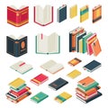 Isometric book collection. Opened and closed books set for school library publishing dictionary textbook magazine vector Royalty Free Stock Photo