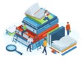 Isometric books concept. Reading people on huge 3d pile of books, male and female characters read books vector