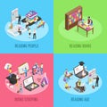 Isometric books reading. Educated people, school child studying schoolbook and student read newspaper or book 3d vector