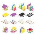 Isometric books. School textbook, book with bookmark and notebook with pen. Stack of textbooks on library bookshelf vector icon