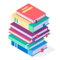 Isometric books stack. Different literature, 3d book pile, reading and education, school or college concept vector illustration.