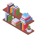 Isometric bookshelves vector concept. Library room or home interior bookshelves, book stack on school bookcase 3d vector