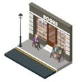 Isometric bookstore facade in flat style isolated on white background. Books, science, knowledge. Storefront and a shelf