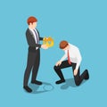 Isometric boss giving golden crown to kneeling businessman