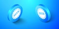 Isometric Bottle cap with beer word icon isolated on blue background. Blue circle button. Vector Royalty Free Stock Photo