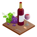 Isometric Bottle of red wine, bunches of wine grapes and glass of red wine. Vineyard grape icon on white Royalty Free Stock Photo