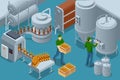 Isometric Bottler and packaging of bottles. Interior composition brewery production facility, Conveyor belt with bottles