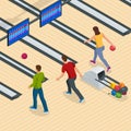 Isometric Bowling Center Interior with Game Equipment. Vector Bowling Alley for Game and Party.